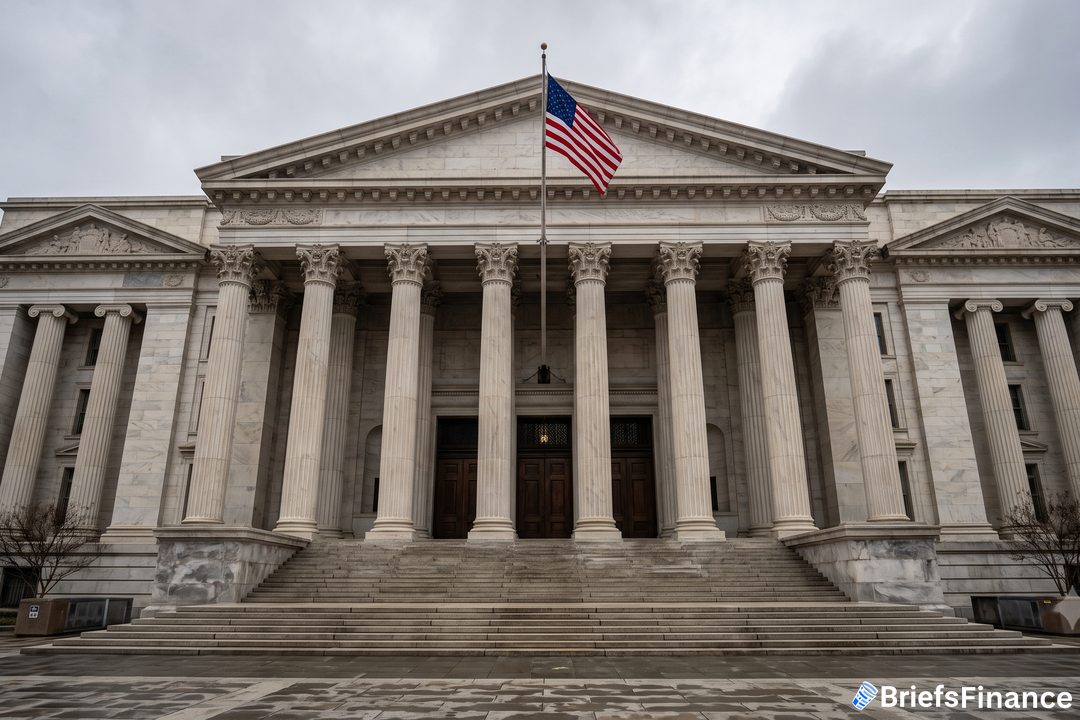 Marble courthouse exterior with columns and an American flag
