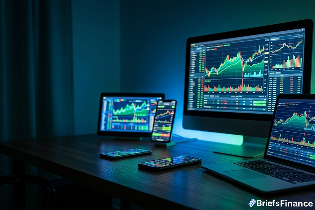 Dimly lit desk with multiple screens showing trading and odds charts
