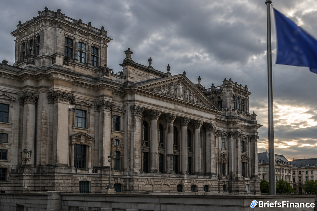 Grand neoclassical European government building with an EU flag under cloudy sky