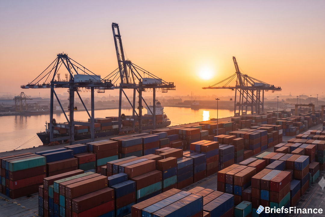 Industrial port with shipping containers and cranes at sunrise
