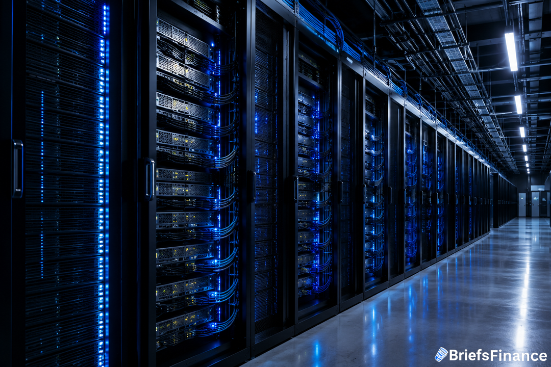 Modern data center aisle with GPU racks glowing blue