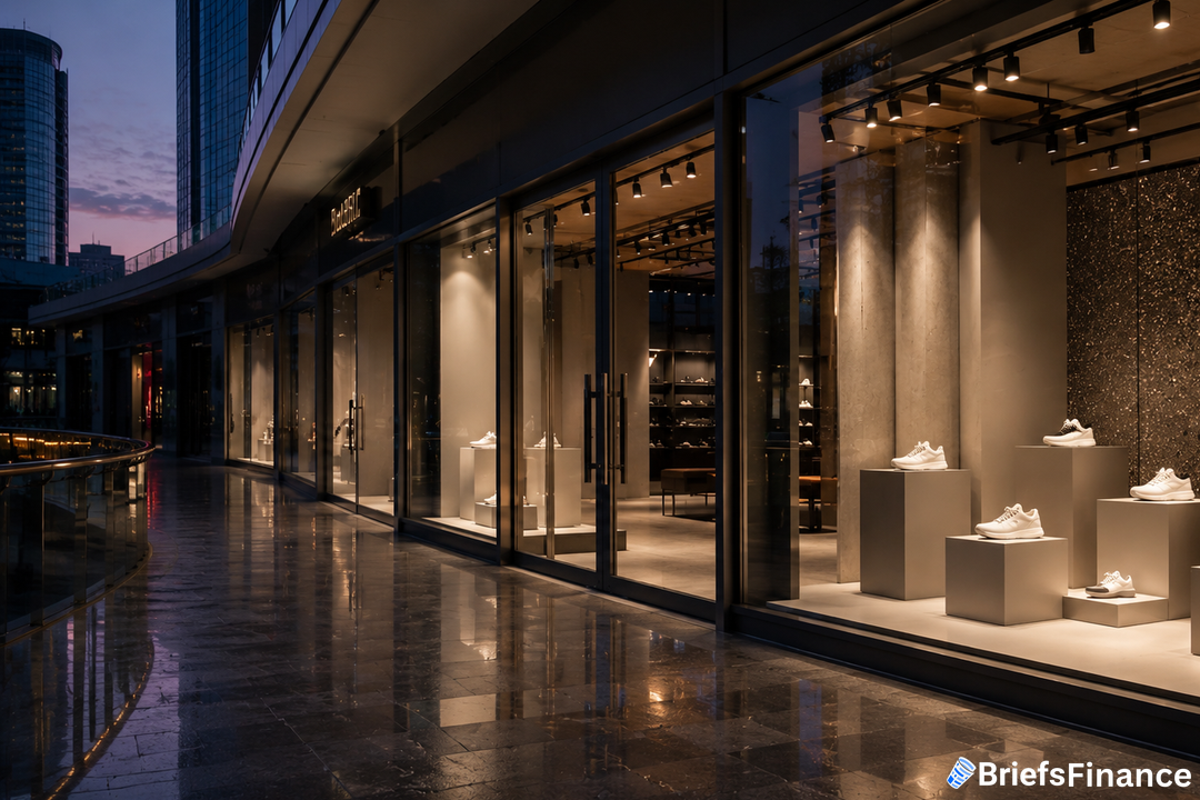 Upscale shopping mall storefront at dusk with empty shoe pedestals