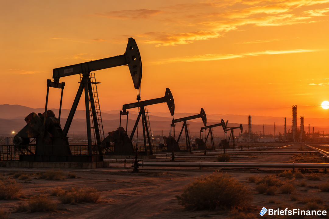 Desert oil field at sunrise with pumpjacks silhouetted against an orange sky