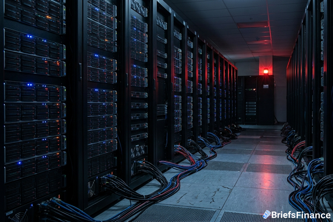 Dark server room, red warning light