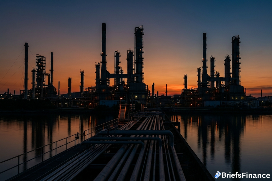 Oil refinery at dusk, orange sky