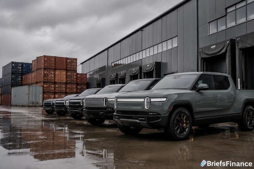 Rivian pickups at loading dock