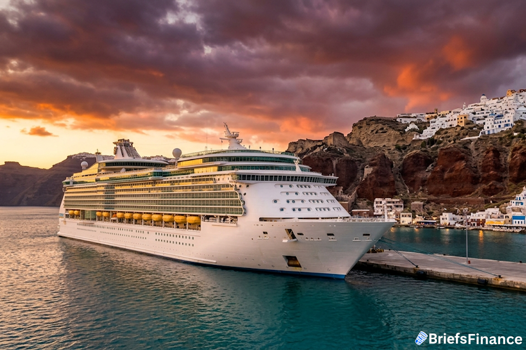 White cruise ship docked in a Mediterranean port at sunset