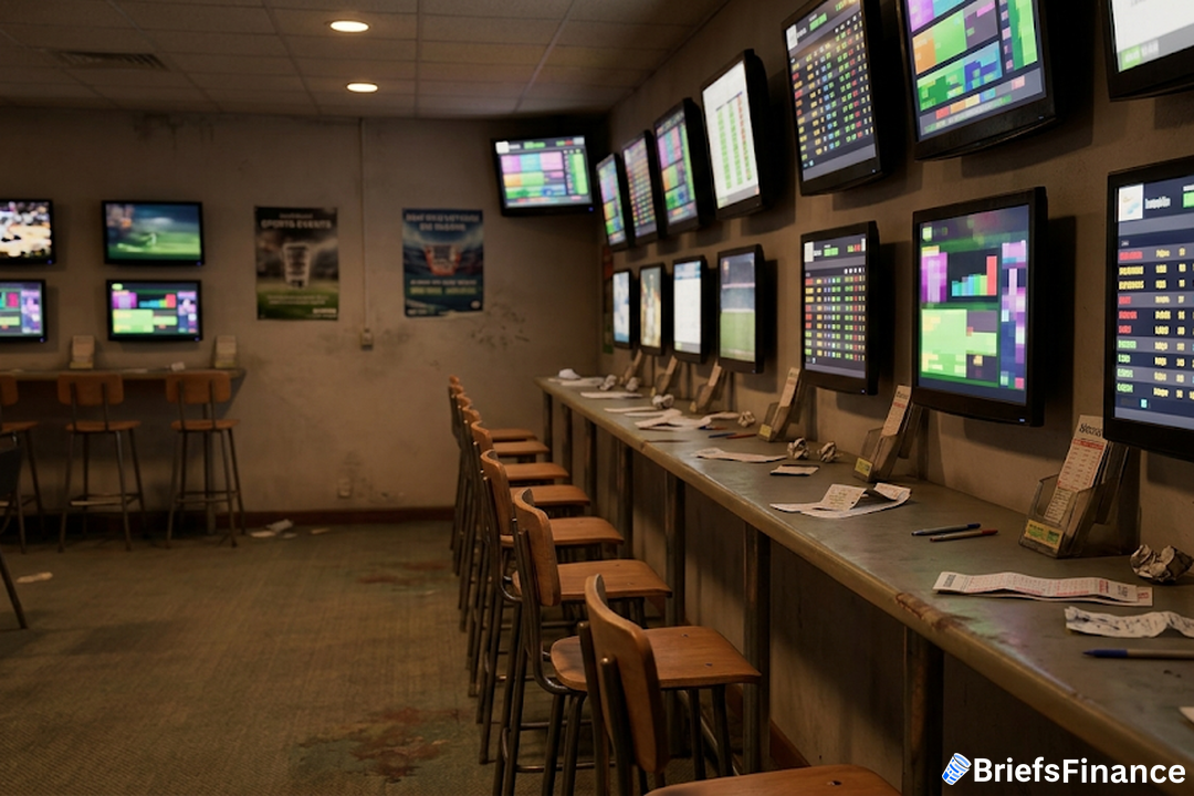 Dimly lit betting shop interior with wall-mounted odds screens