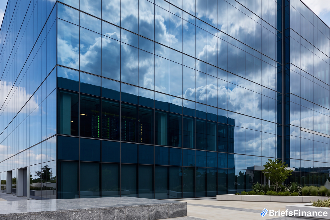 Corporate glass office facade reflecting clouds