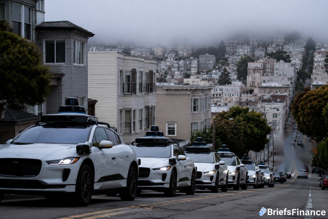Autonomous vehicles on a foggy San Francisco street