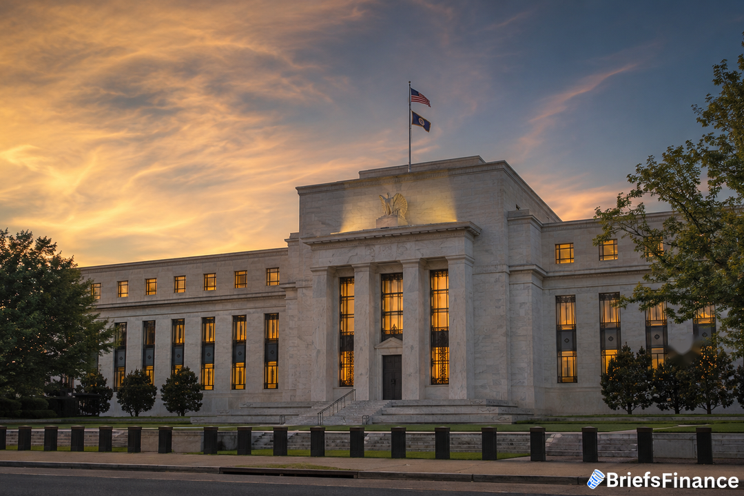Federal Reserve building exterior at dusk