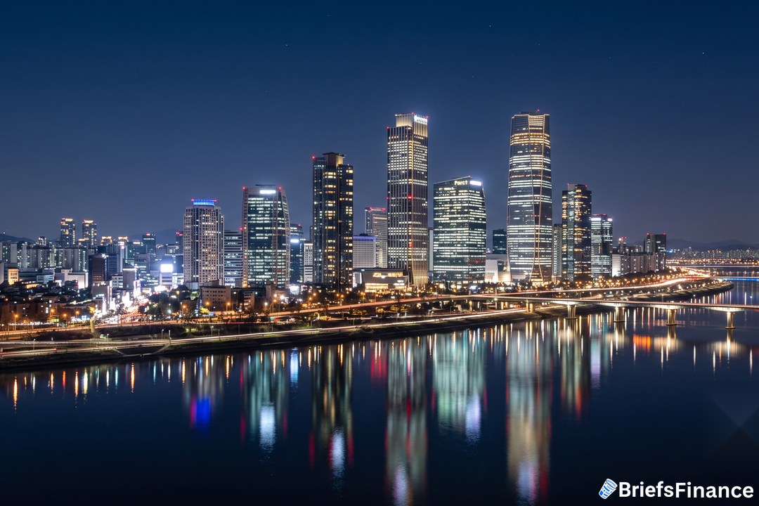 Seoul skyline at night reflected on the Han River