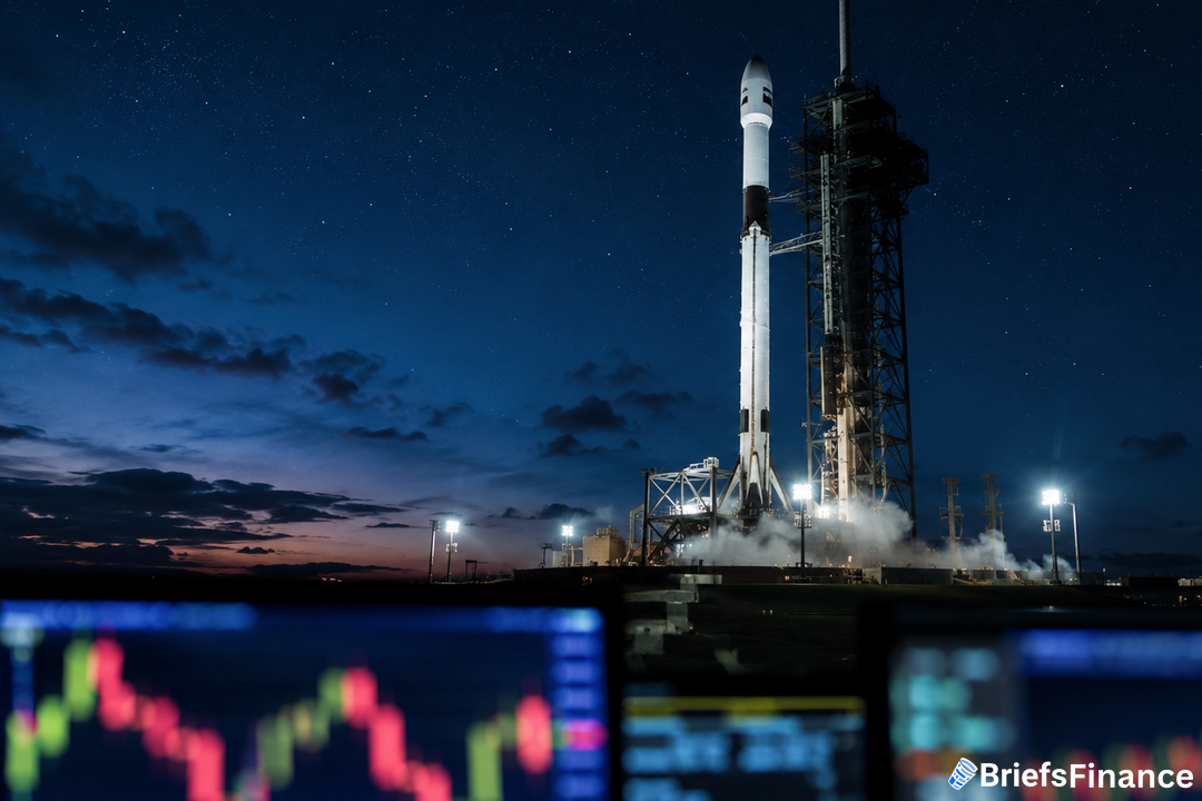 Falcon 9 rocket on a launch pad at dusk with trading monitors in the foreground