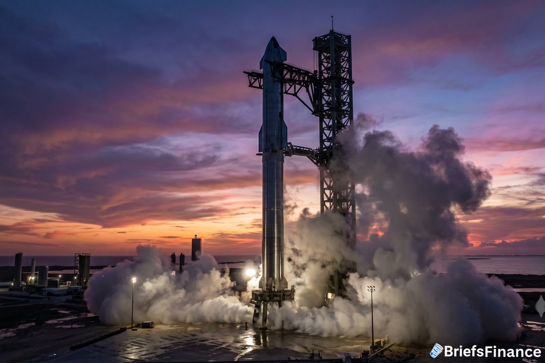 Silver rocket on a launch pad at twilight
