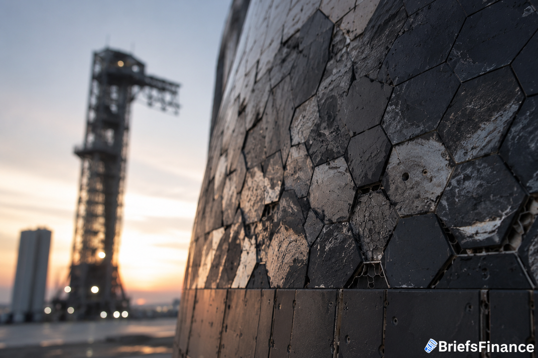 Close-up of scorched hexagonal spacecraft heat shield tiles