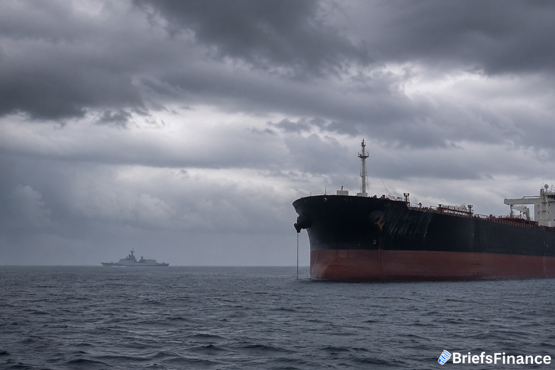 Oil tanker anchored in open water under an overcast sky