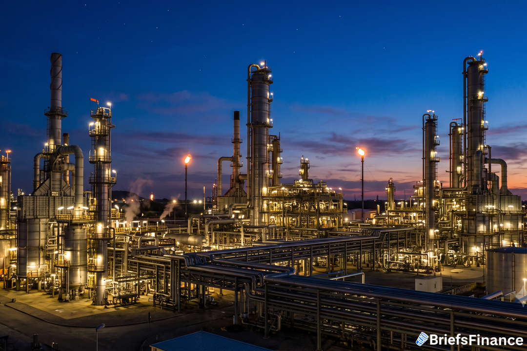 Oil refinery complex illuminated at dusk