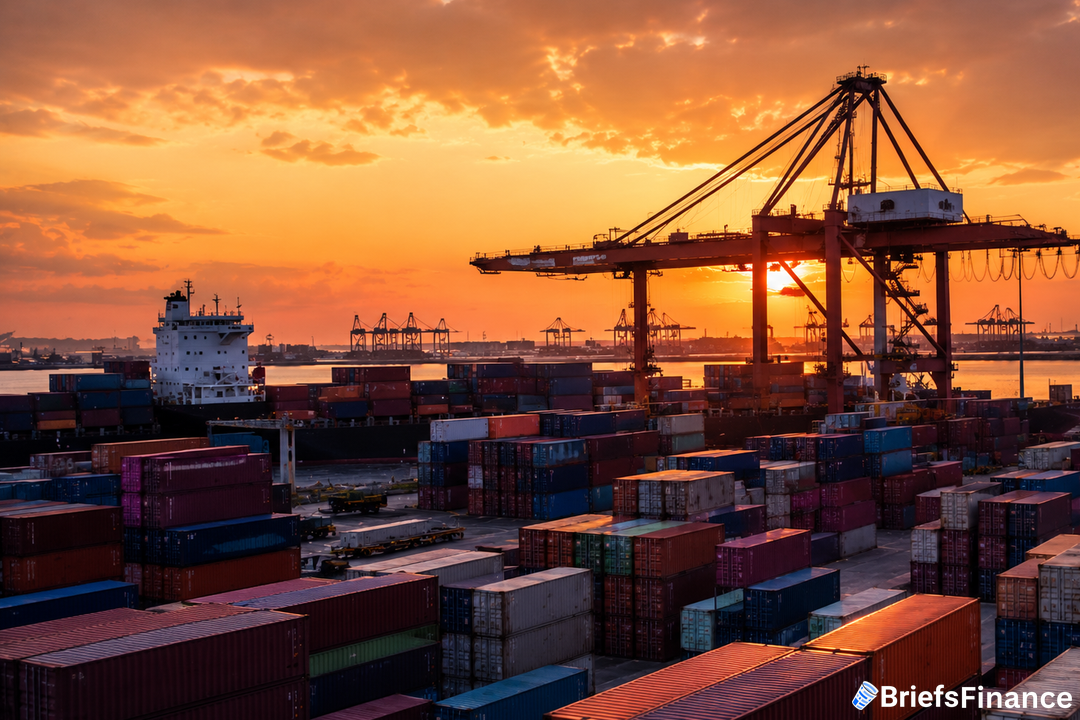 Container port at dusk with crane