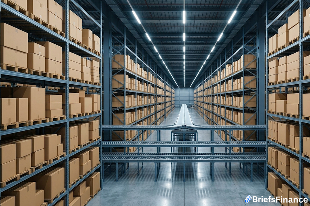 Endless warehouse aisle of steel racking stacked with plain brown corrugated boxes