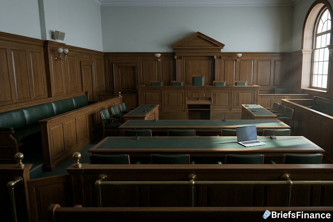 Empty British tribunal chamber with oak benches and a single closed laptop on a counsel table