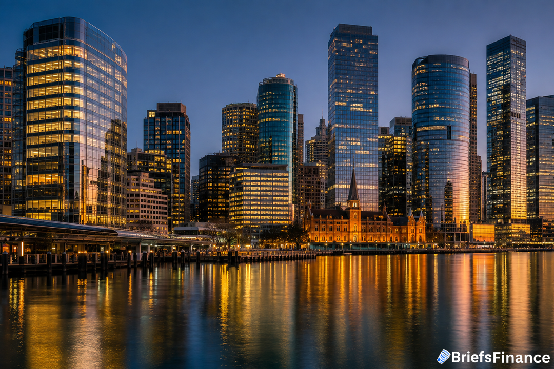 Sydney financial district skyline at dusk reflected in calm harbour water