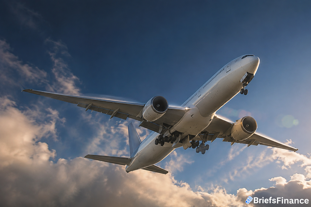 Twin-engine widebody commercial jet climbing through broken cloud in late afternoon light