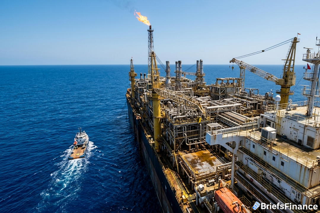 Offshore floating production vessel with a burning gas flare in deep blue Atlantic water