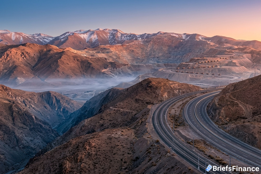Rail line and highway curving through arid Andes foothills toward a copper mining terrace at sunrise