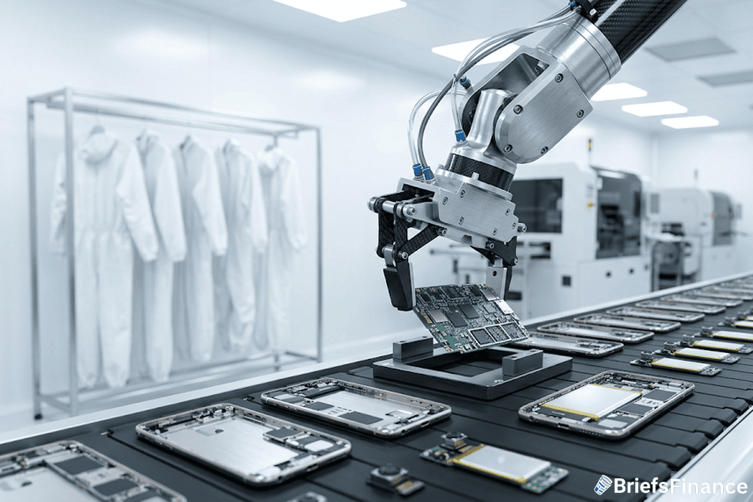 Robotic arm placing a circuit board on a smartphone assembly line in a cleanroom