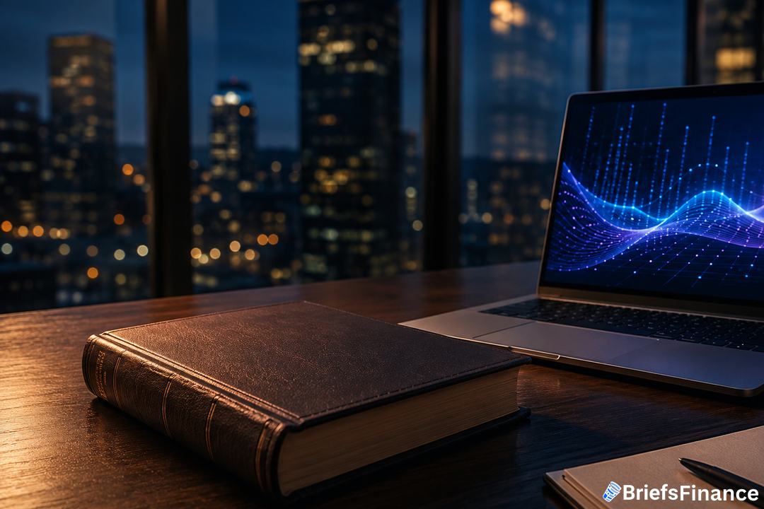 Leather-bound book lying closed beside an open laptop showing glowing data visualization