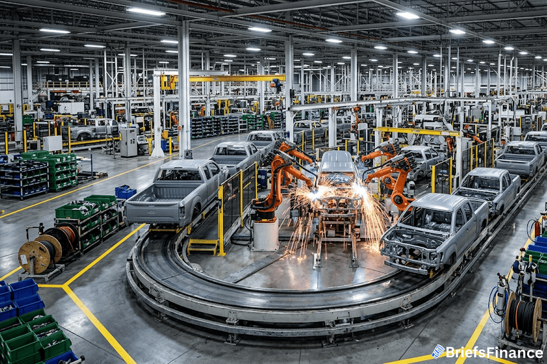 Pickup truck bodies on an automotive assembly line with robotic welding arms
