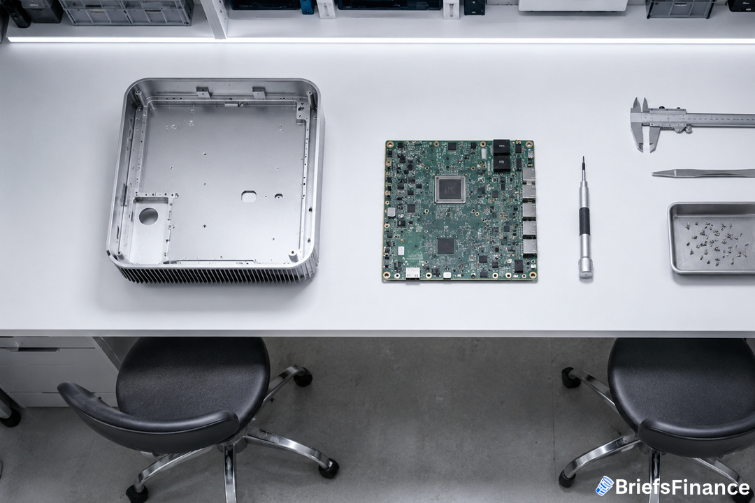 Overhead view of an engineering workbench with an aluminum enclosure, circuit board and calipers