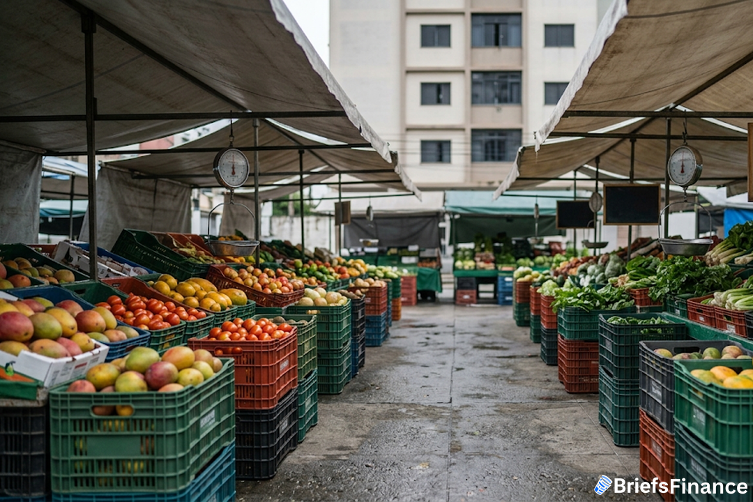 Open-air Brazilian produce market with crates of fruit and vegetables under canvas awnings