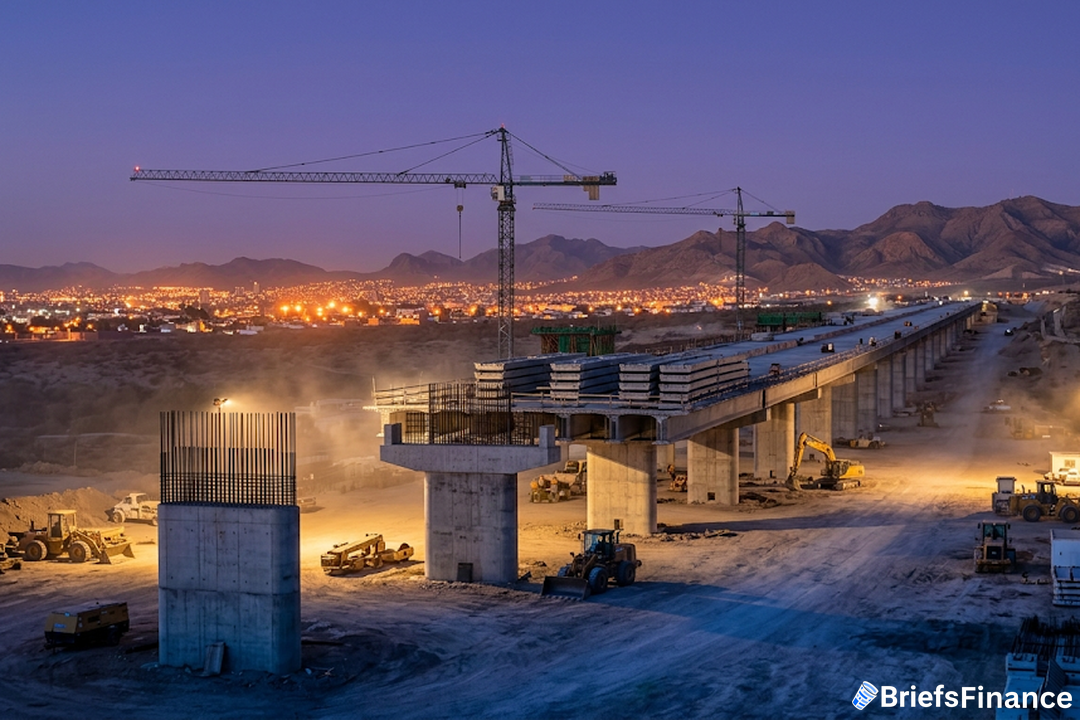 Half-finished elevated highway viaduct under floodlights at dusk outside a Mexican city