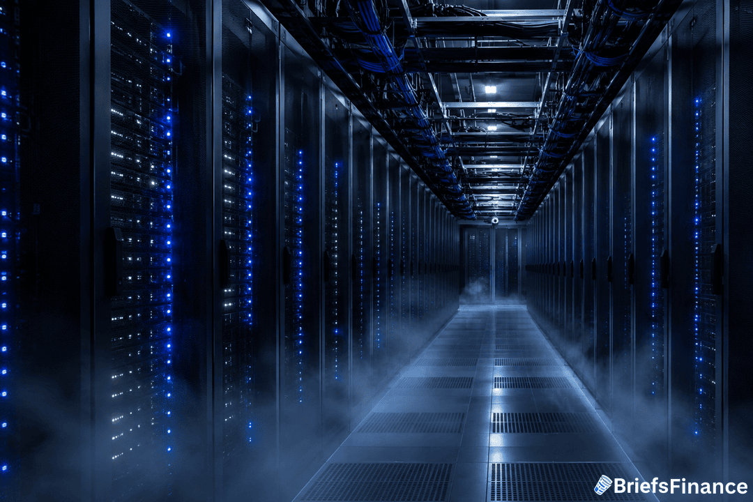 Rows of glowing server racks in a dark data center