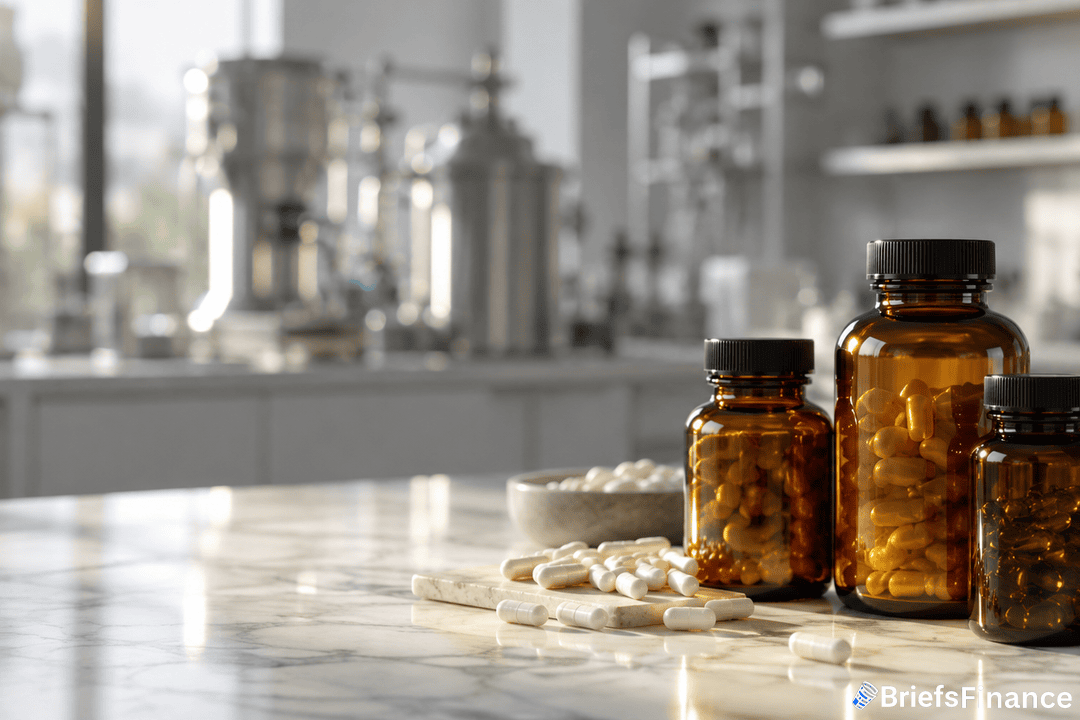 Amber supplement bottles and capsules on a marble counter in a lab setting