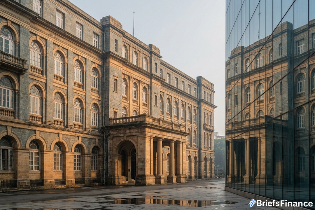 Colonial-era stone financial building in Mumbai reflected in the glass of a modern tower