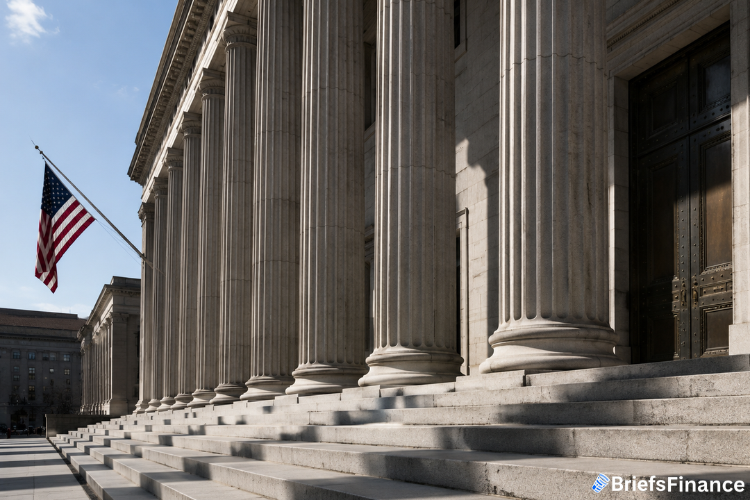 Neoclassical federal building colonnade in hard afternoon sunlight with an American flag