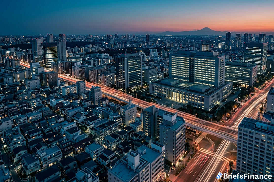 Central Tokyo at dusk with expressway light trails and Mount Fuji faint on the horizon