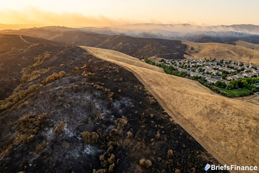 Burned chaparral hillside beside an untouched firebreak with suburban rooftops in the distance