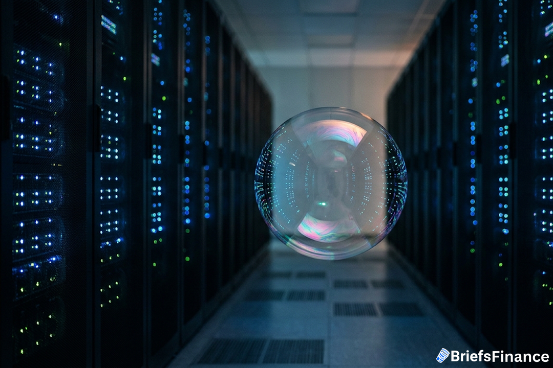 A soap bubble floating down the aisle of a dark data center between rows of glowing server racks