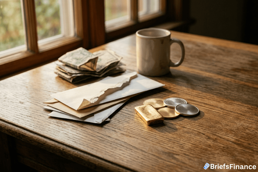 Folded dollar bills and household bill envelopes beside a gold bar and gold and silver coins on a wooden kitchen table in late-afternoon light
