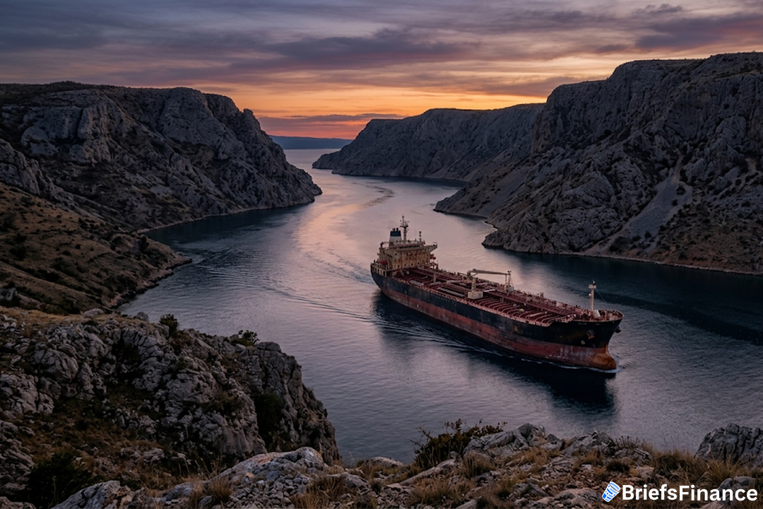 Oil tanker passing through a narrow rocky strait at dusk