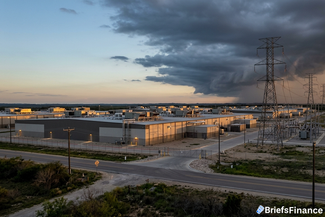 Data center with high-voltage transmission towers under a storm front at dusk