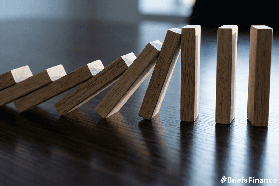 Wooden dominoes toppling in a row on a dark table, with the last three still standing